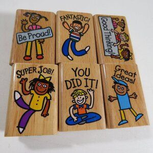 Lakeshore (6) Teacher Wood Mounted Rubber Stamps 1990s Kids Classroom